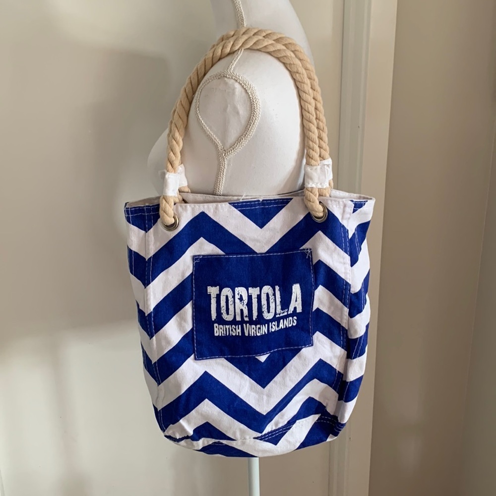 Tortola British Virgin Islands Royal Blue and White Chevron Tote w/ Rope Straps